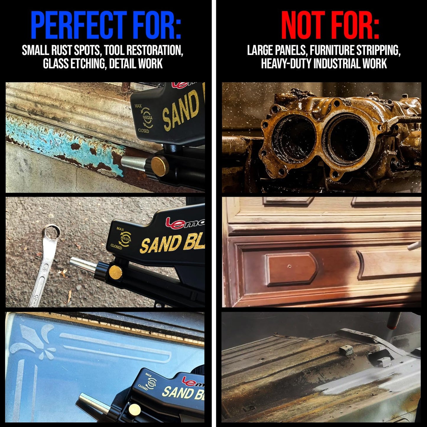 LE LEMATEC Portable Sand Blaster Gun for Small Projects - Required150PSI Air Compressor (4+ CFM) Detail Work, Rust Removal, Glass Etching - Black (AS118)