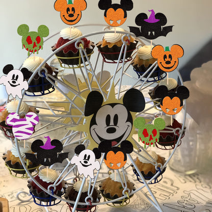 36 PCS Mini Mouse Inspired Halloween Cupcake Toppers Glitter Witch Hat Bat Zombie Mummy Ghost Spooky Cupcake Picks for Halloween Mini Theme Baby Shower Birthday Party Cake Decorations Supplies