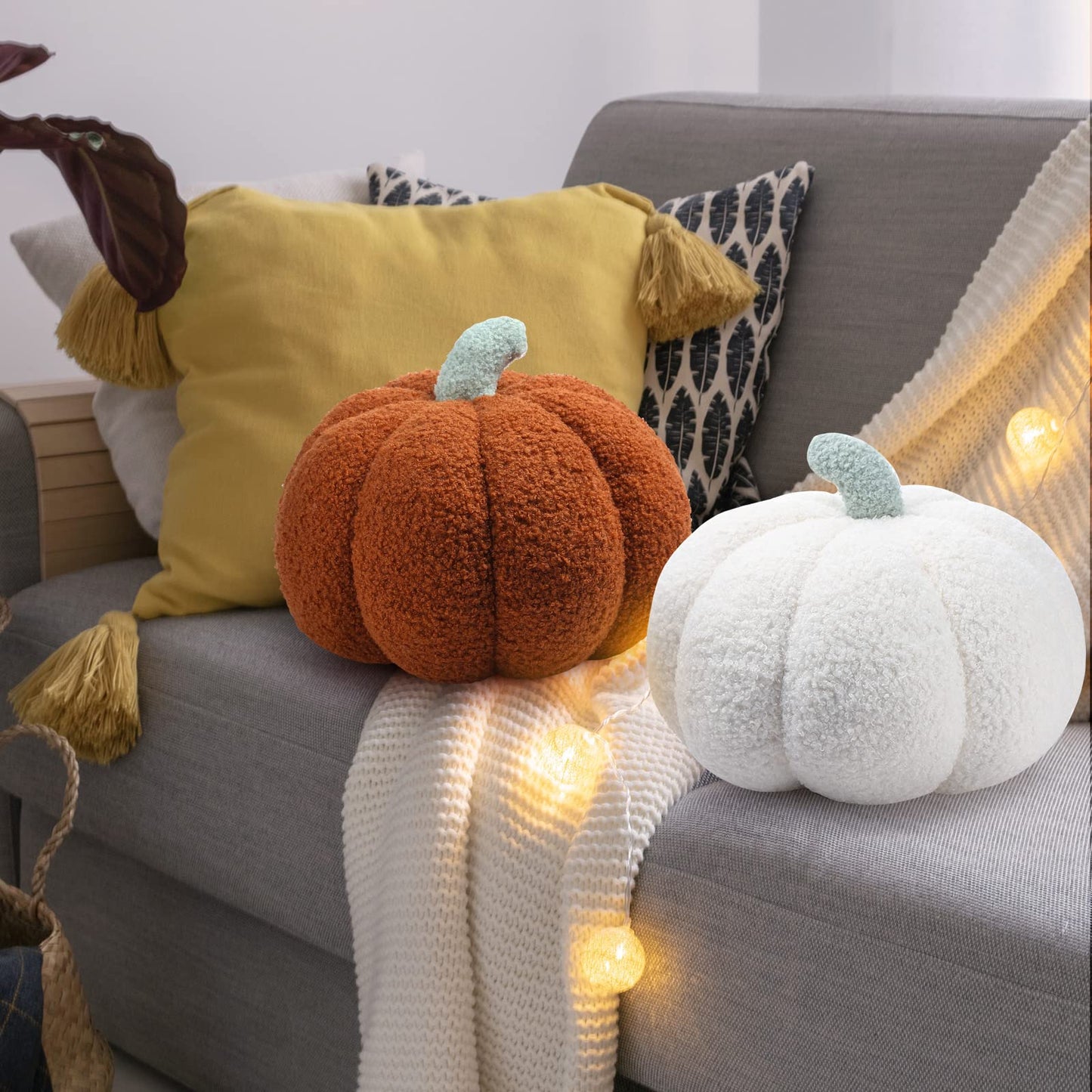 Kajaia 2 Pcs Simulated Pumpkin Pillow Plush 11 x 9.5 Inch 3D Cushion Fall Decorations Stuffed Throw Pillows Toy for Thanksgiving Christmas Halloween Bedroom Sofa Couch Supplies (White,Brown)