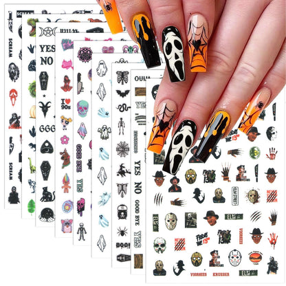 9 Sheets Halloween Nail Art Stickers Decals Scary Film Characters Ghost Face Skull 3D Self-Adhesive Nail Supplies Terror Vampire Spider Web Designs Holiday DIY Manicure Decorations for Women Kids Men
