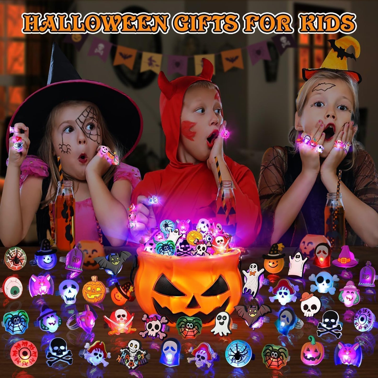 Coluans Halloween Treats 25Pcs Halloween Party Favors for Kids Adults LED Ring Halloween Accessories Light Up Rings Halloween Toys Flash Rings Non Candy Gift Bag Fillers New Version