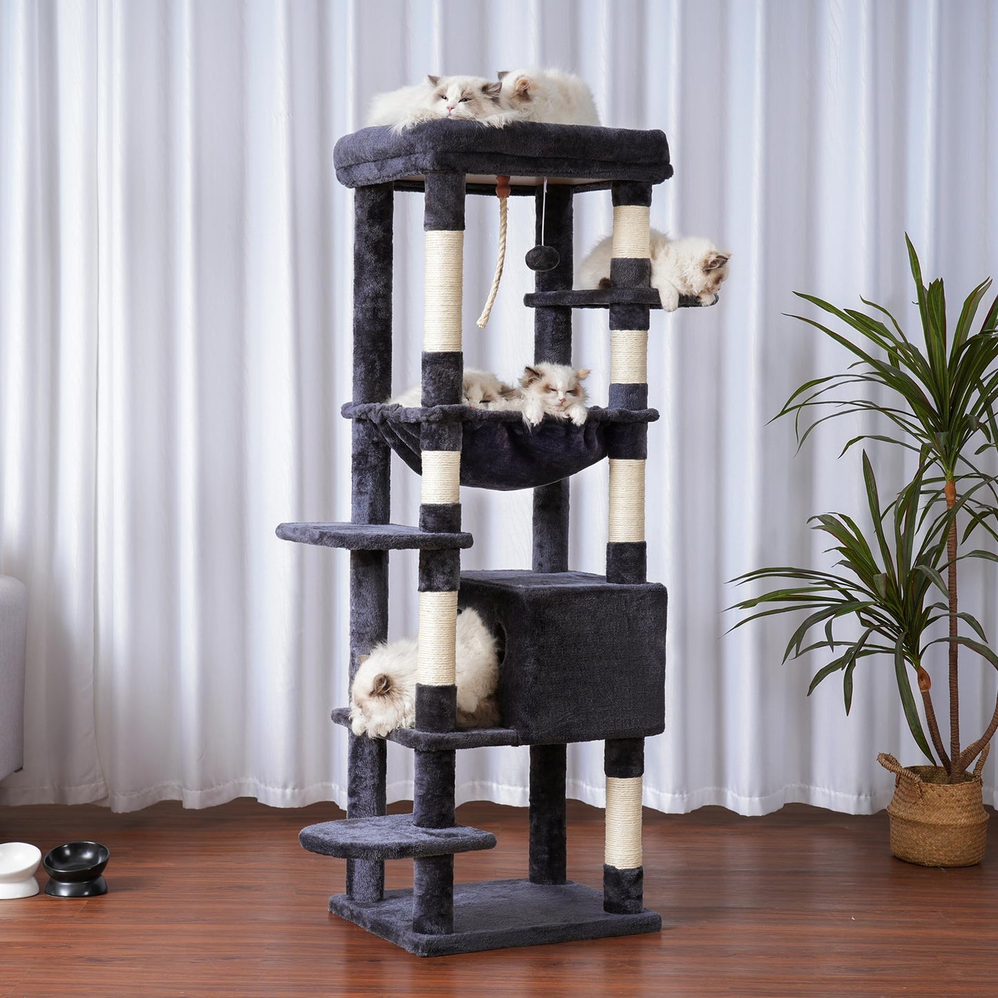 Heybly Cat Tree for Large Cats 20lbs Heavy Duty, 60 inches XXL Cat Tower for Indoor Cats, Multi-Level Furniture Condo with Big Padded Plush Perch, Cozy Basket, Smoky Gray HCT050G