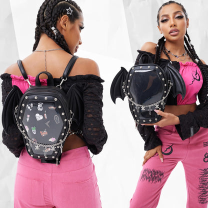 ENJOININ Gothic Coffin Shape Purses and Handbags for Women Halloween Shoulder Bag Ita Backpack Purse with Wings 2 Way