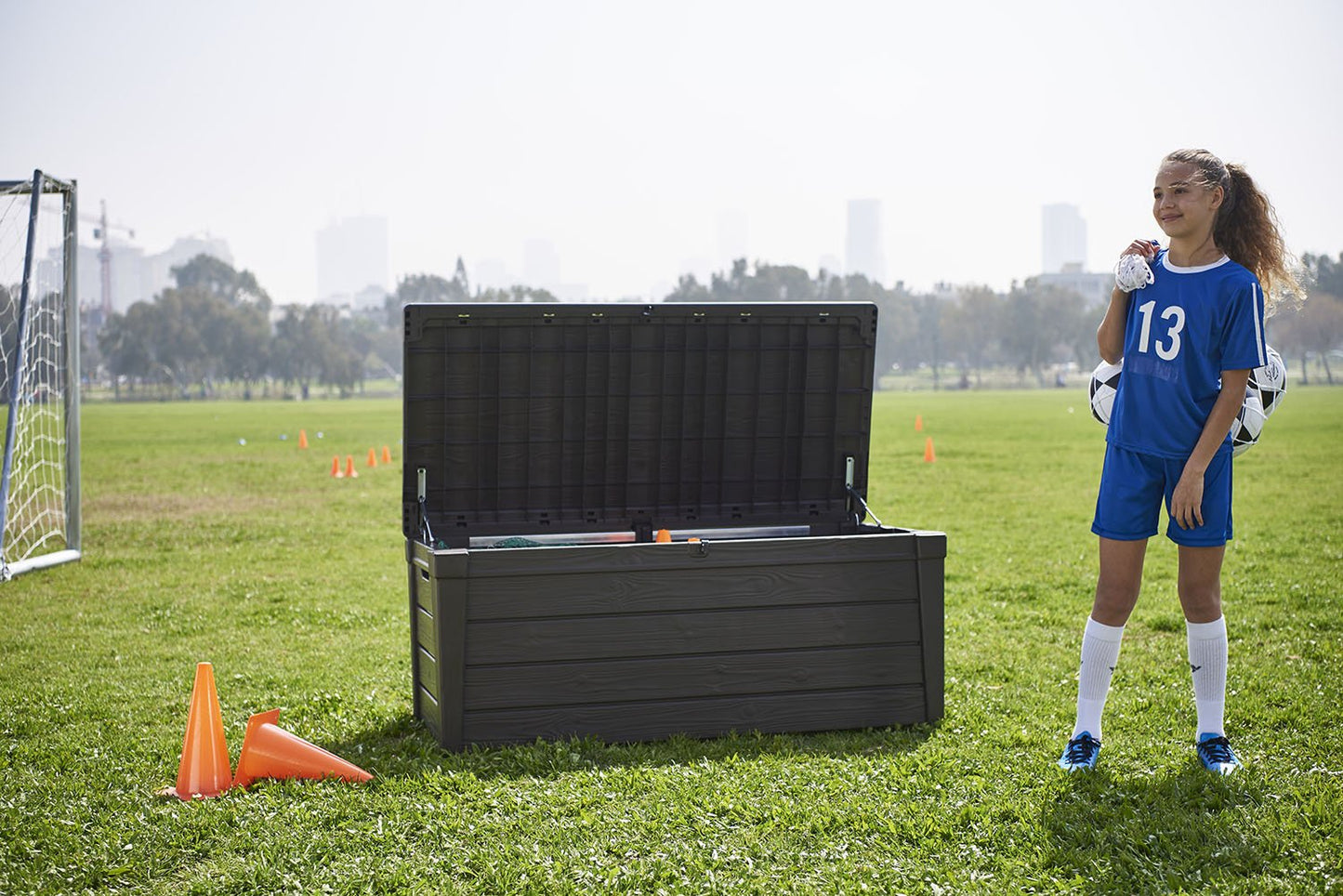 Keter Brightwood 120 Gallon Resin Large Deck Box for Patio Garden, Outdoor Cushion Storage, Pool Accessories, Tools, Grey