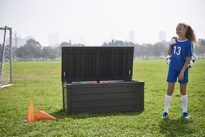 Keter Brightwood 120 Gallon Resin Large Deck Box for Patio Garden, Outdoor Cushion Storage, Pool Accessories, Tools, Grey