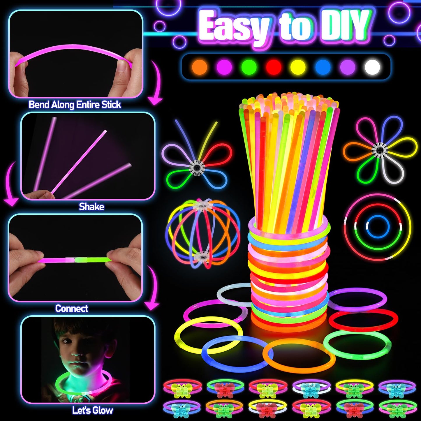 150PCS Glow in the Dark Party Supplies for Kids Adults, Light Up Party Favors with Light Up Glasses, Headband, Rings, 100 Glow Sticks Bulk Party Pack DIY Glow Necklaces Bracelets, Neon Party Supplies