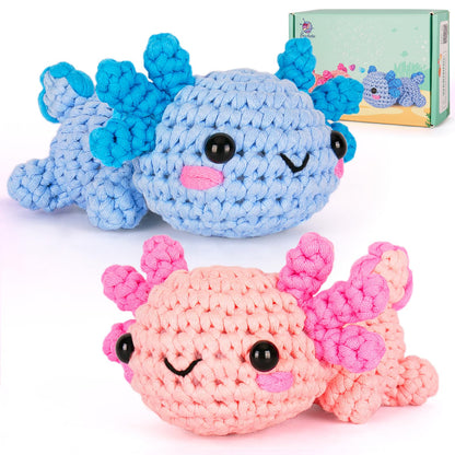 Crochetta Crochet Kit for Beginners, Crochet Starter Kit w Step-by-Step Video Tutorials, Easy Beginner Crochet Kit for Adults & Kids, Women & Men, Complete Kit Included (Axolotl 2Pack)