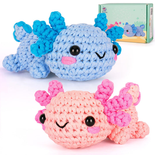 Crochetta Crochet Kit for Beginners, Crochet Starter Kit w Step-by-Step Video Tutorials, Easy Beginner Crochet Kit for Adults & Kids, Women & Men, Complete Kit Included (Axolotl 2Pack)