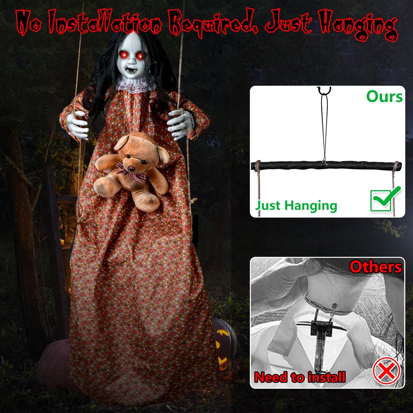 3.75 Ft Halloween Decorations Animatronics Hanging Swinging Girl with Creepy Sound/Light Up Eyes/Scary Expression, Creepy Doll Hanging Ghosts Haunted House Holiday Decor Prop for Indoor Outdoor