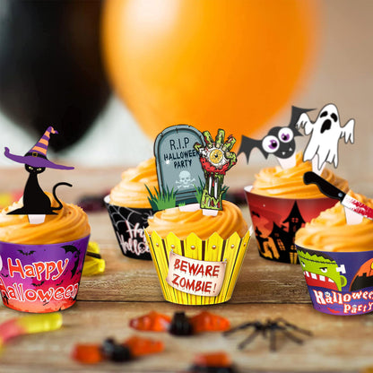 164PCS Halloween Cupcake Toppers Wrappers - Spider Web Pumpkin Zombie Hand Cake Party Decorations Supplies