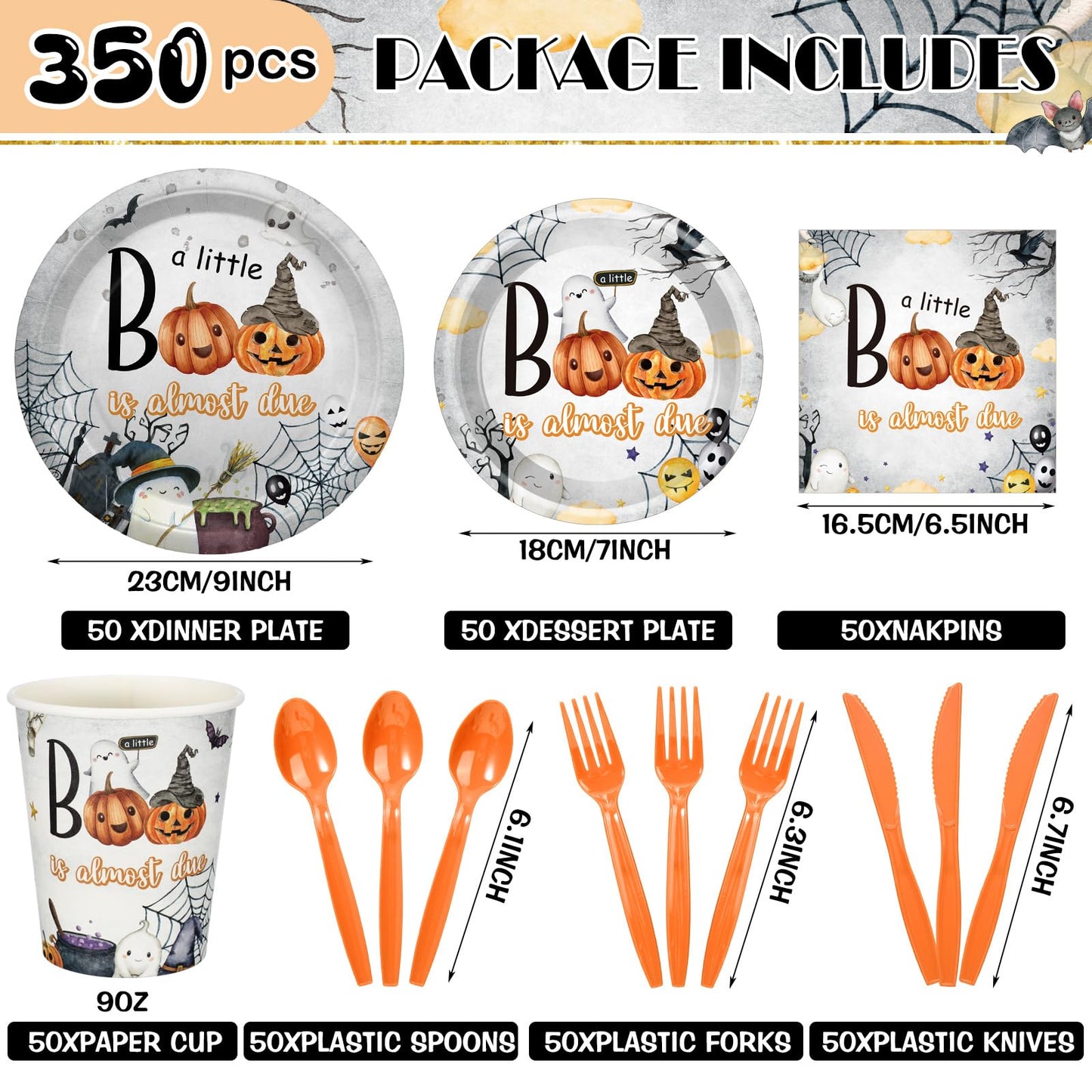 Dandat 350 Pcs Baby Shower Plates Set Baby Shower Party Supplies Serves 50 Tableware Sets Include Plates Napkin Cup Forks Knives Spoons Disposable Dinnerware(Boo,Orange)