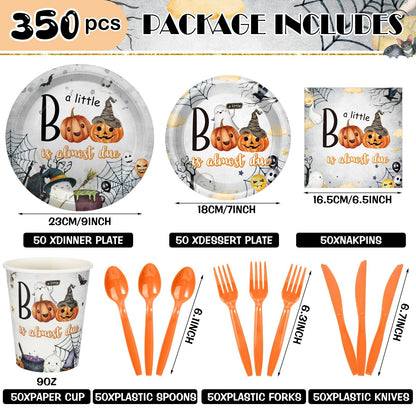 Dandat 350 Pcs Baby Shower Plates Set Baby Shower Party Supplies Serves 50 Tableware Sets Include Plates Napkin Cup Forks Knives Spoons Disposable Dinnerware(Boo,Orange)