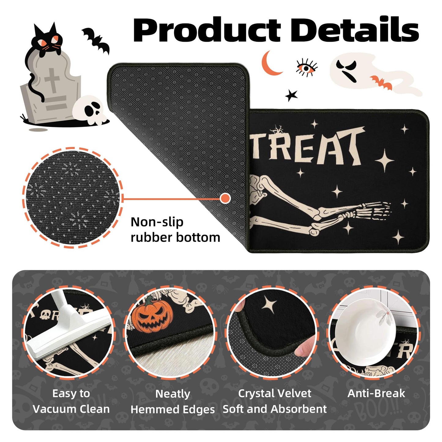 Ghroiep 2 Piece Halloween Kitchen Decor Rugs Set,Skeleton Kitchen Rugs and Mats Non Skid Washable Absorbent Kitchen Accessories Decoration Floor Mats 17"x47"+17"x30"