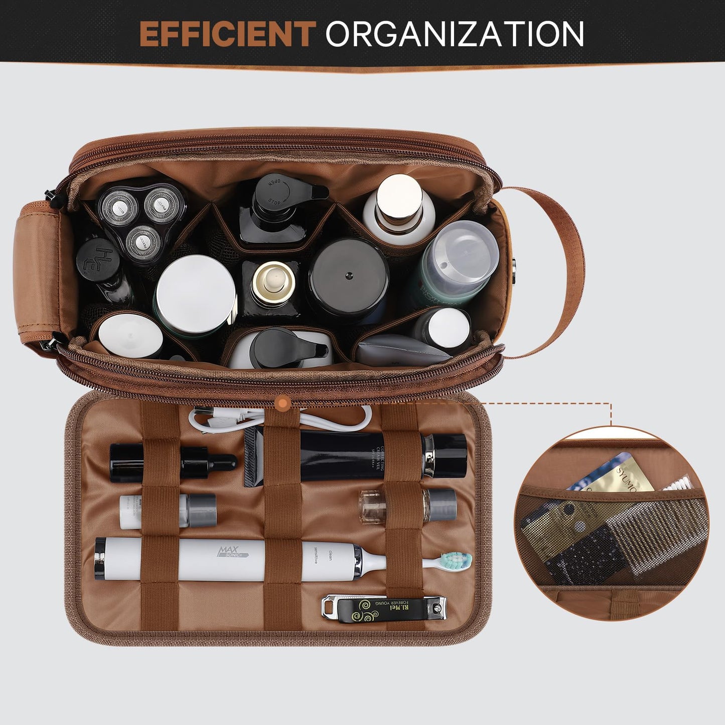 Estour Toiletry Bag for Men, Travel Toiletry Bag Travel Essentials, Dopp Kit Water-resistant Shaving Bag, Bathroom Bag Toiletries Organizer, Brown(PU Leather)