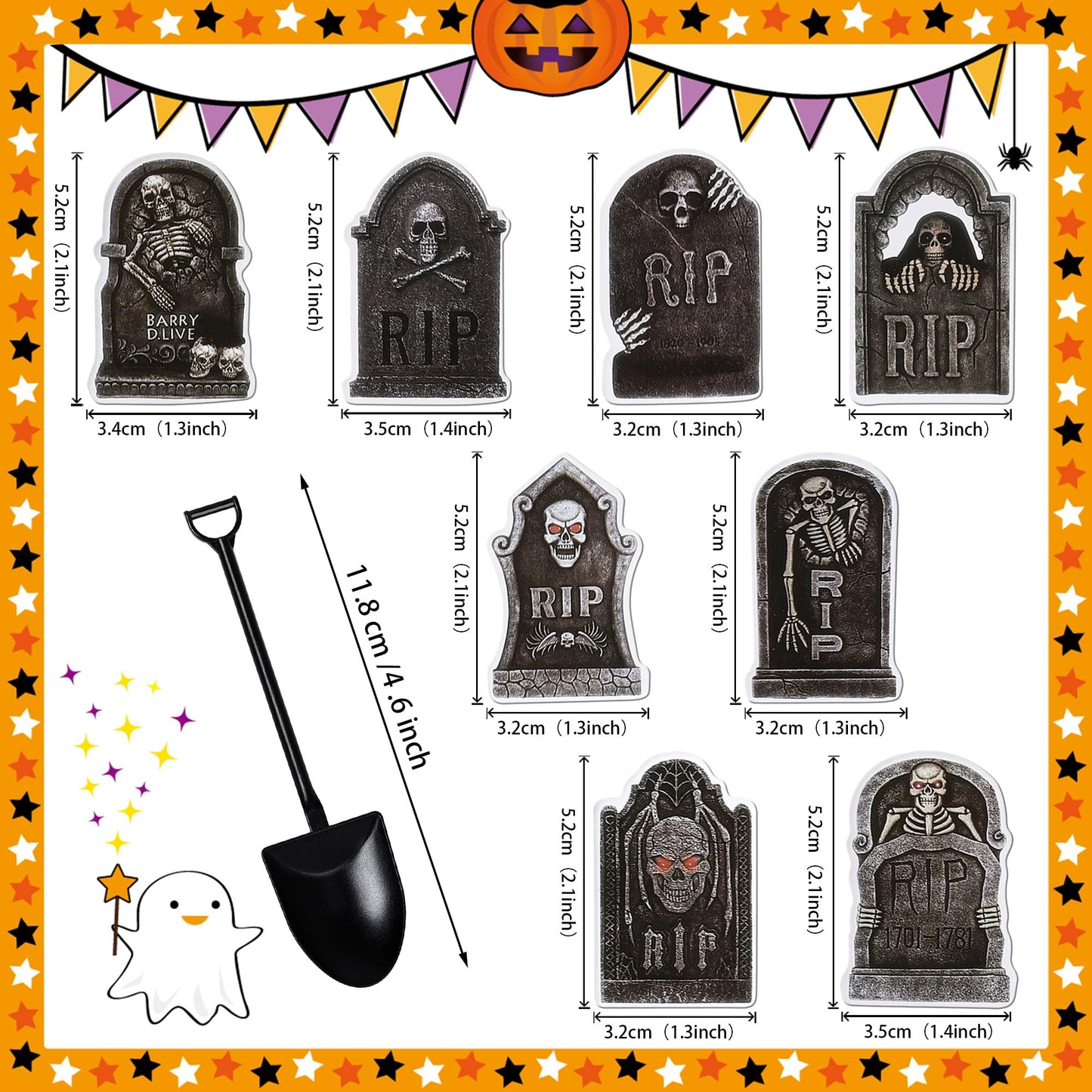 48 PCS Halloween Cupcake Toppers Tombstone Cupcake Picks Novelty Mini Shovel Spoons Horrible Gravestone Skeleton Cupcake Decorations for Halloween Theme Birthday Party Cake Decorations Supplies