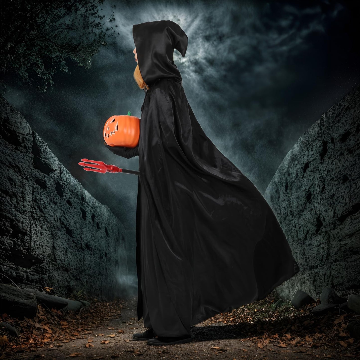 hoyuwak Black Cloak with Hood Halloween Wizard Hooded Cape Full Length Robe for Women Men Role Play Costume Witch Party Dress-Up