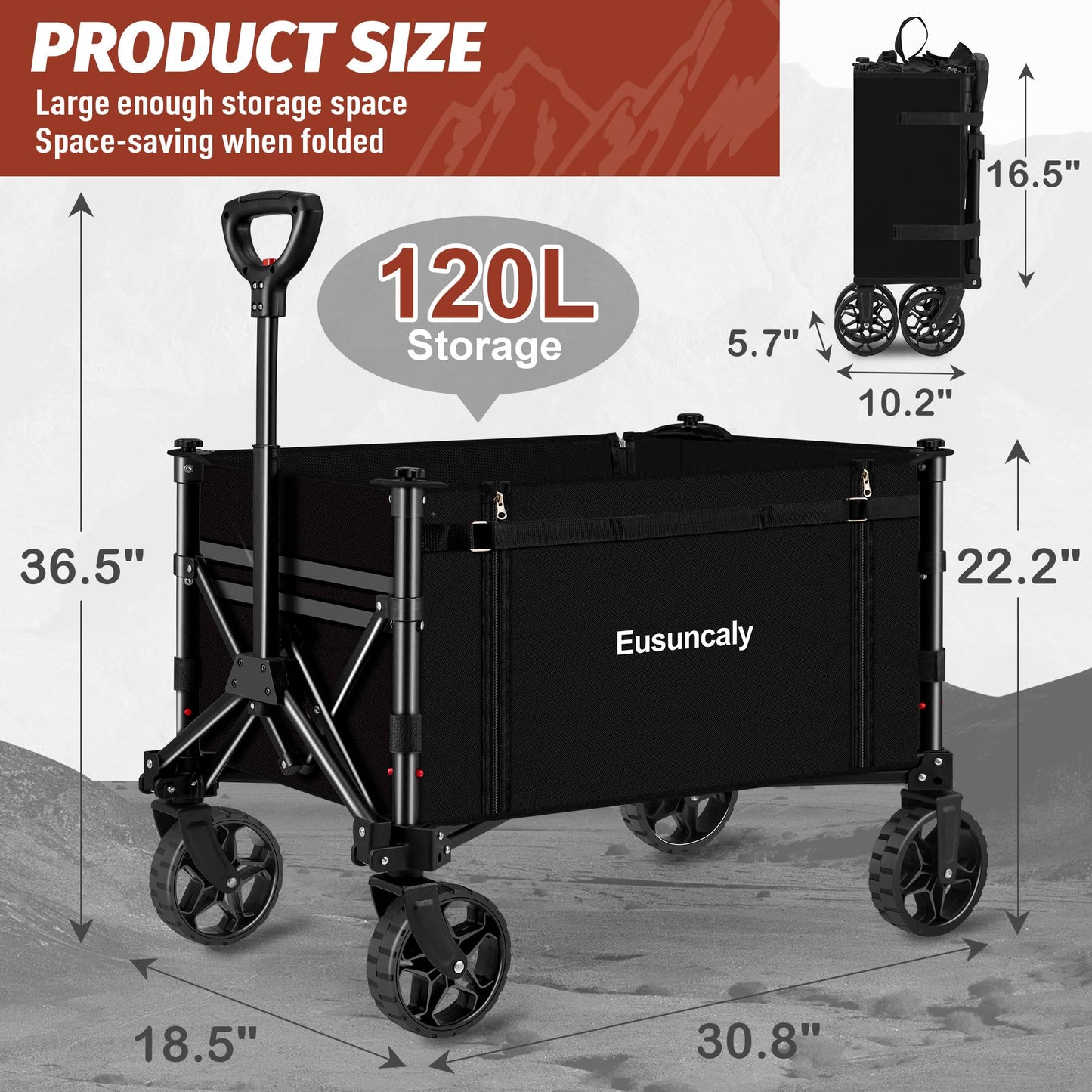 Eusuncaly Collapsible Wagon with Wheels, Wagons Carts Foldable, Heavy Duty Folding Utility Cart for Grocery, Camping, Shopping, Sports, Garden, Fishing, Black