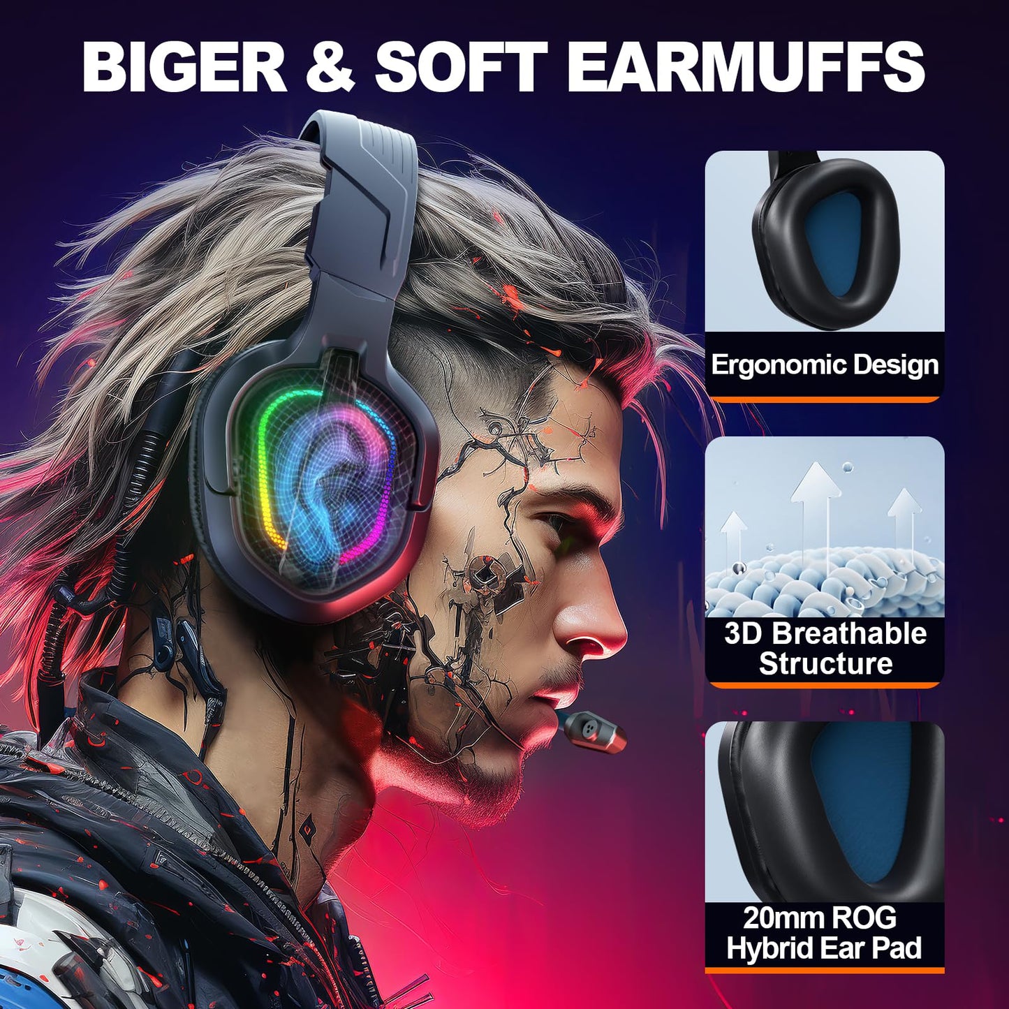 Krysenix Gaming Headset for PS4, PS5, PC, Mac, Xbox Series X, Noise Canceling Headphones with Microphone, PG2 Computer Headset with 3.5mm Jack & RGB Light Black/Blue