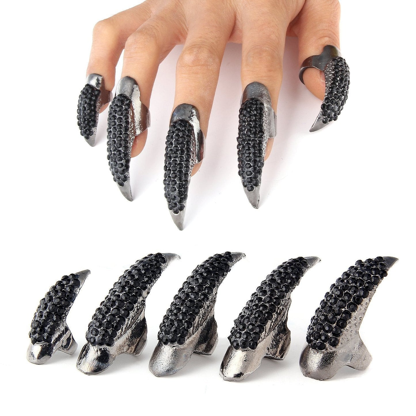 10 Pcs Halloween Costume Claws Fake Nails Ring Set, Bestga Gothic Punk 3 Sizes Crystal Full Finger Rings Paved Paw Bend Fingertip Fingernail Claw Girls Women Men Ring False Easy Long Nails (Black)