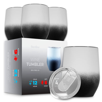 FineDine Triple Insulated Wine Tumbler With Lid (4 Pack) 12oz Stainless Steel Set- Tumblers Keep Drinks Hot & Cold for Outdoors, Beach, Picnics- Unbreakable Glasses With BPA Free Lids (White/Black)