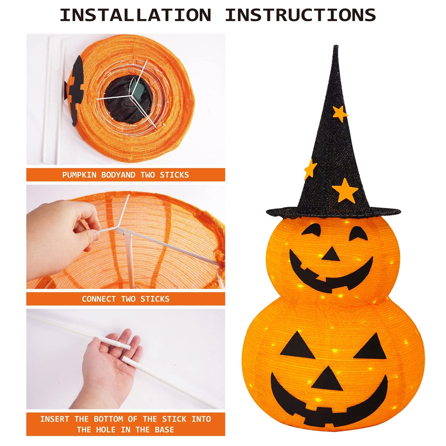 FUNPENY 3FT Halloween Collapsible Pumpkin Decorations, Pre-Lit Light Up 50 LED Pumpkin with Star Hat 8 Lighted Mode, Pop Up Jack-o-Lantern with Metal Stand for Indoor Outdoor Yard Holiday Decor