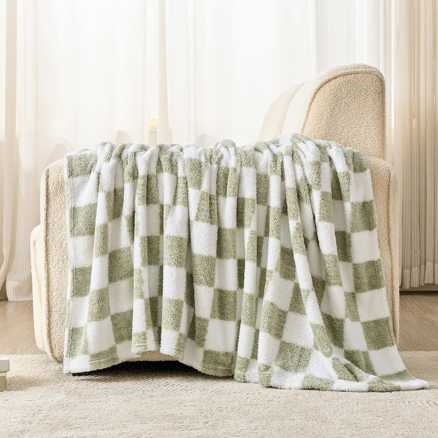 EMME Checkered Blanket Throw - 50"x60" Green Knit Blanket Soft Fluffy Patterned Throw Blankets for Couch, Sofa, Chair, Bed, Camping, Picnic, Travel