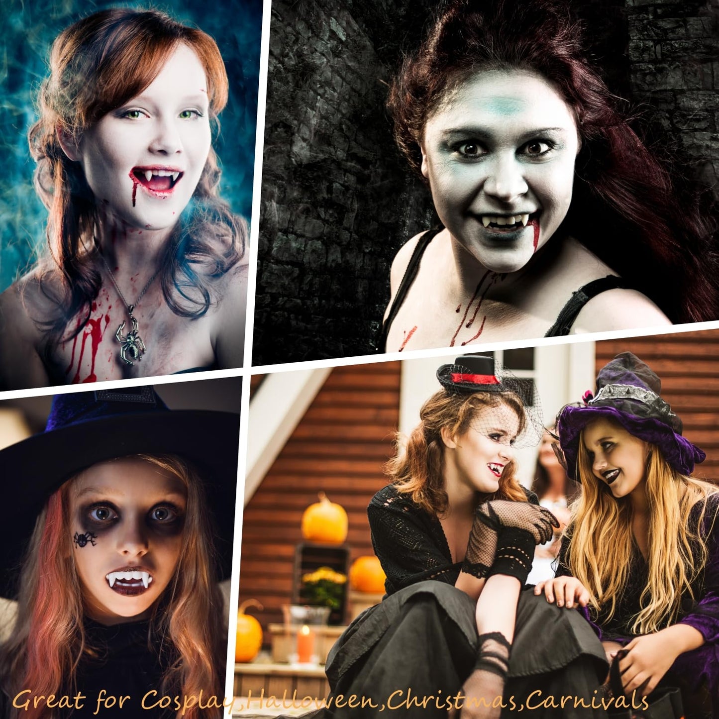 12 Pairs Vampire Teeth for Cosplay-4 Size Fake Fangs with 3 Tube Solid Adhesive for Halloween Props, Anime Party Dress Up Costume Masquerade Accessory Gift for Christmas Party