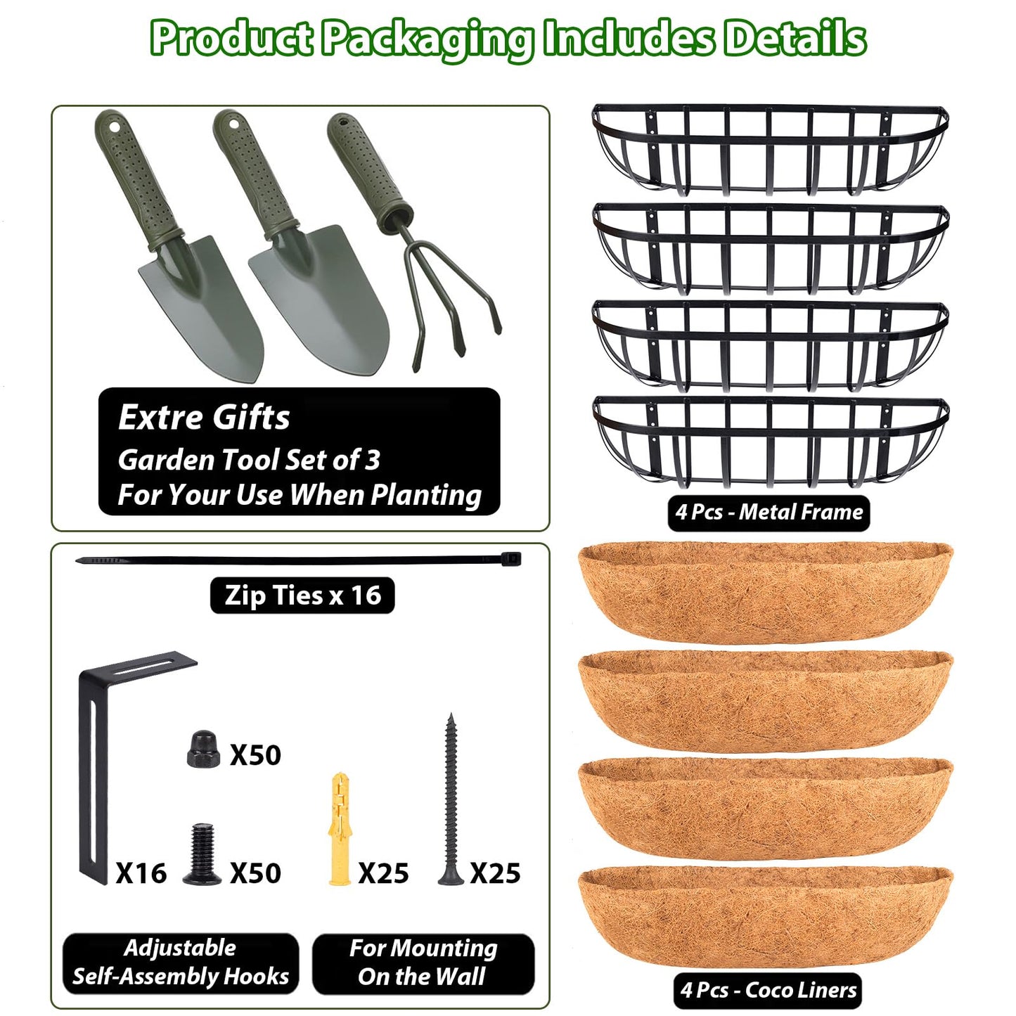 LCHUANG Railing Planter Window Box - 4 Pack 24 Inch Deck Balcony Rail Planter with Coconut Coir Liner, Fence Metal Hanging Flower Basket Deck Railing Planter Boxes for Outdoor Garden