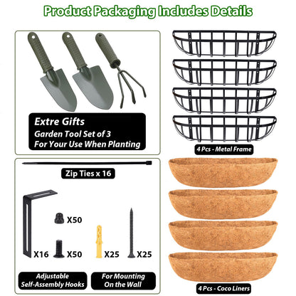 LCHUANG Railing Planter Window Box - 4 Pack 24 Inch Deck Balcony Rail Planter with Coconut Coir Liner, Fence Metal Hanging Flower Basket Deck Railing Planter Boxes for Outdoor Garden