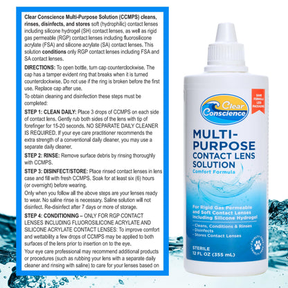 Cruelty-Free Contact Lens Solution 12oz - Multipurpose Cleaner & Sterile Isotonic Eye Contacts Care by Clear Conscience (2 Pack)