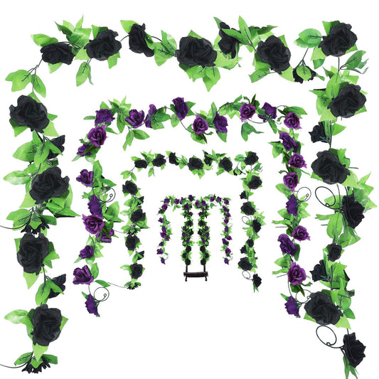 4 Pieces 7.7 Feet Fake Rose Vine Artificial Vine with Flowers Rose Garland Vintage Faux Flowers Decorations for Home Wedding Party Garden Hotel Office Decor (Black and Purple)