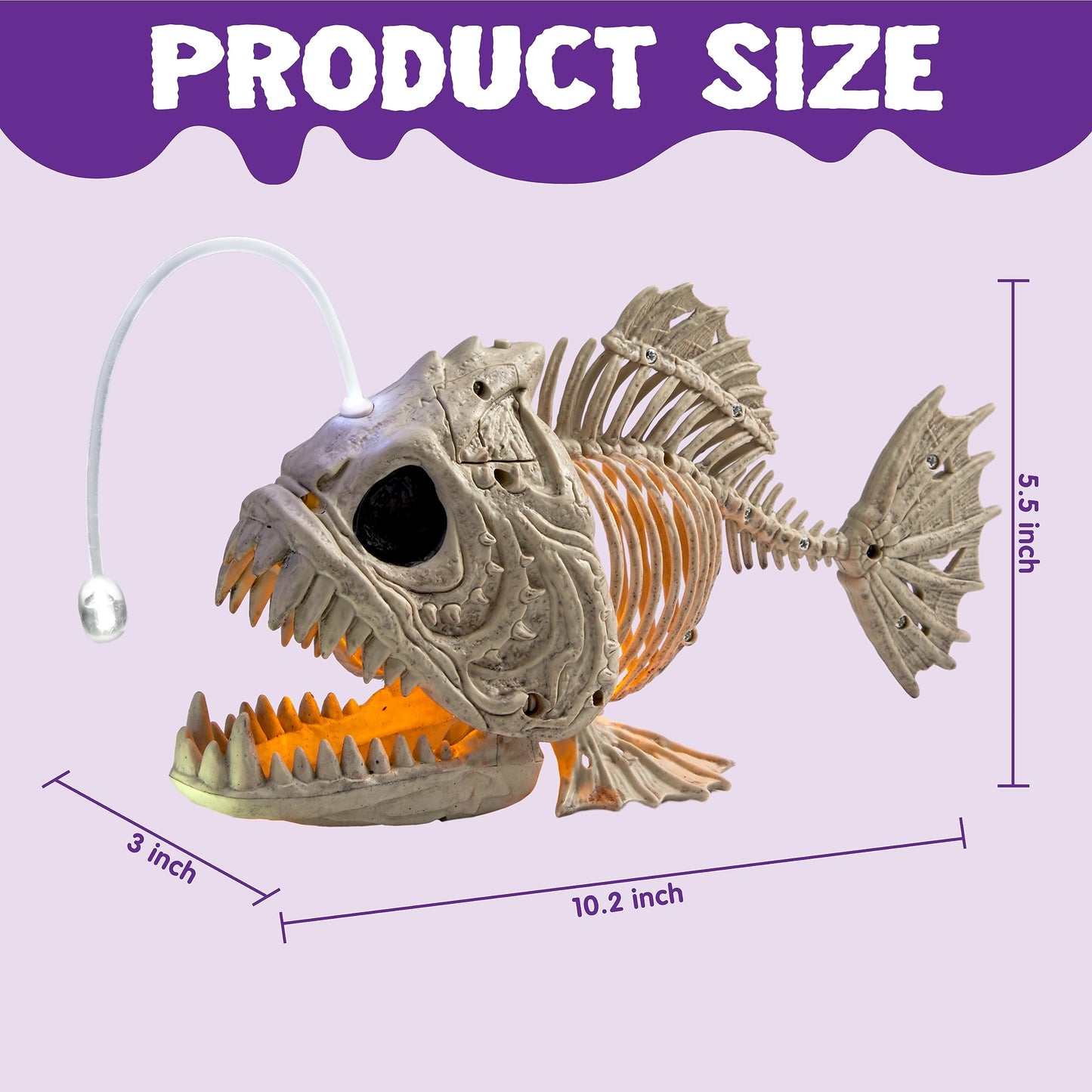 JOYIN Halloween Skeleton Lantern Fish with LED Eye Plastic Bones for Halloween Decoration Party Photo Prop, Graveyard Decor, Indoor Outdoor Spooky Scene(10.2” *5.5” *3”)