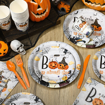 Dandat 350 Pcs Baby Shower Plates Set Baby Shower Party Supplies Serves 50 Tableware Sets Include Plates Napkin Cup Forks Knives Spoons Disposable Dinnerware(Boo,Orange)