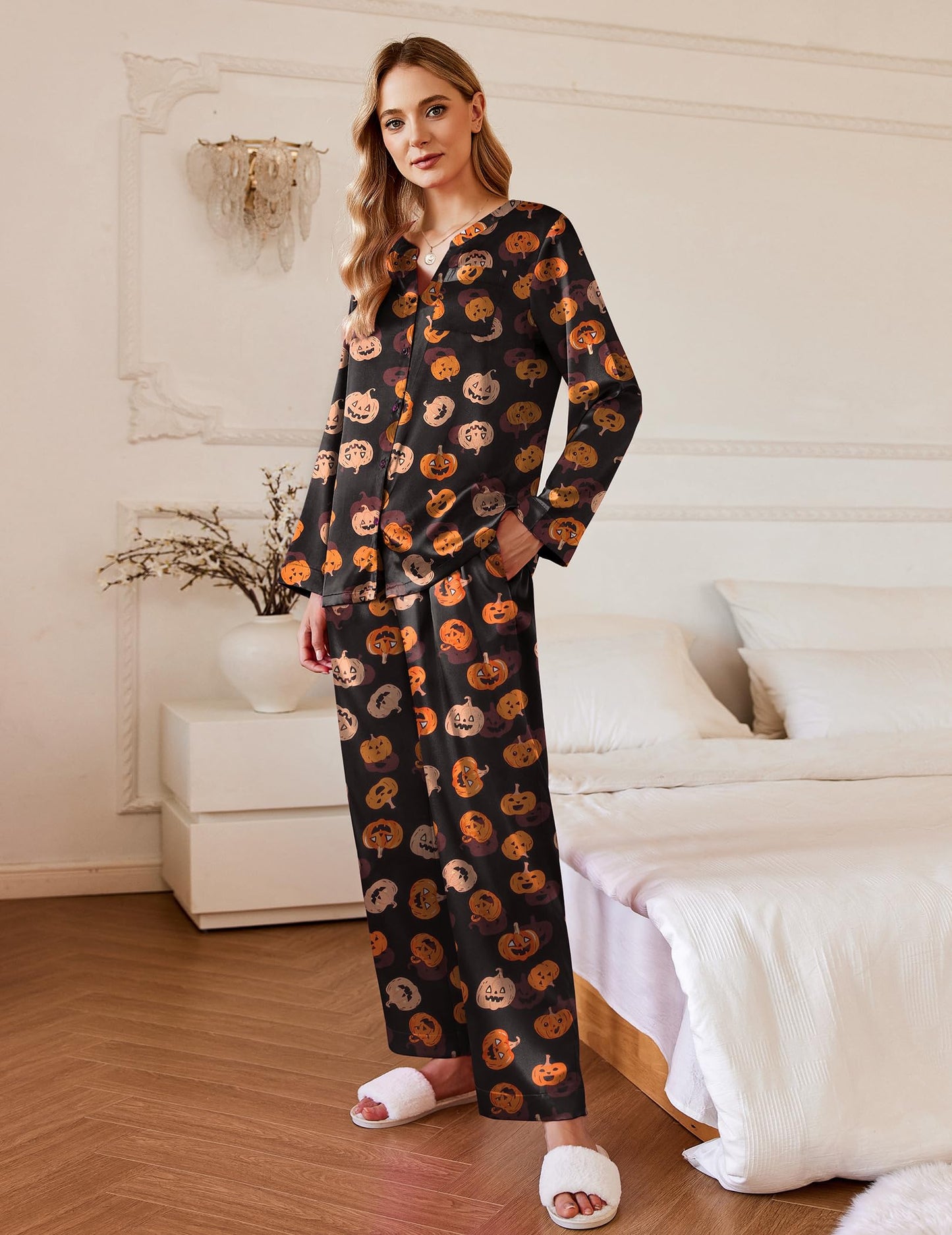 Ekouaer Silk Pajamas For Women 2 Piece Set Satin Pjs Long Sleeve Button Up Sleepwear Comfy Lounge sets