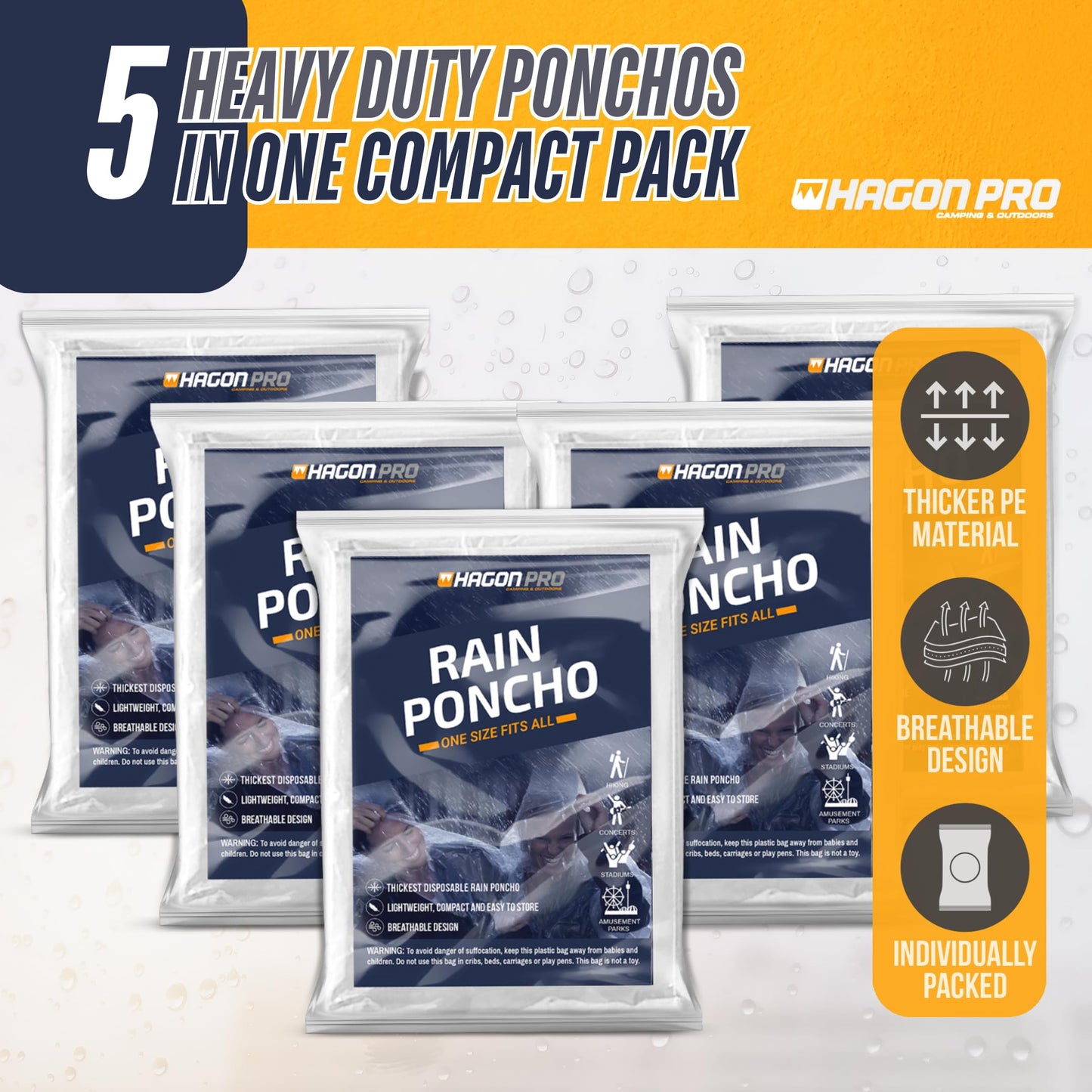 Hagon PRO Disposable Rain Ponchos for Adults (5 Pack)