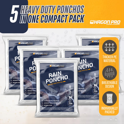 Hagon PRO Disposable Rain Ponchos for Adults (5 Pack)