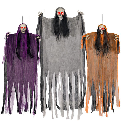 Halloween Decorations,3 Pack Halloween Hanging Skeleton Ghosts with Lighted Up Eyes,Scary Colourful Cloth Grim Reapers for Indoor,Outside Yard Lawn,Haunted House Prop,Party Supplies
