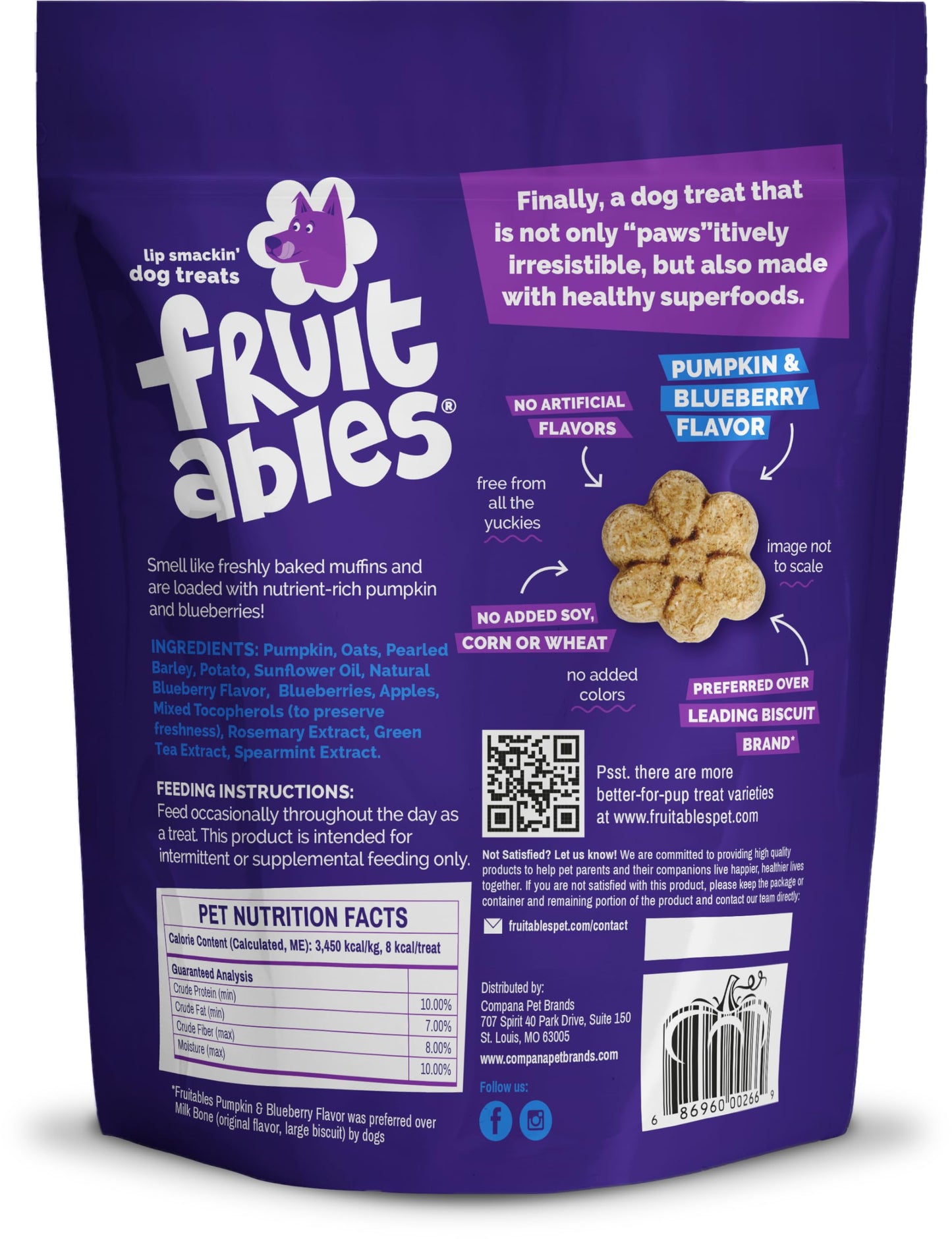Fruitables Baked Dog Treats, Healthy Pumpkin Treat for Dogs, Low Calorie & Delicious, Free of Wheat, Corn and Soy, Made in The USA, Pumpkin and Blueberry Flavor, 20oz