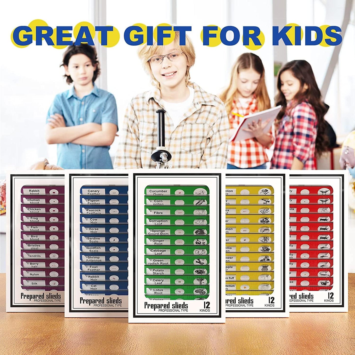 Jiusion 60Pcs Prepared Microscope Slides Specimen Animals Insects Plants Flowers Sample Biological Specimen, Stereo Microscope Slide for Kids Children Students Enlighten Education