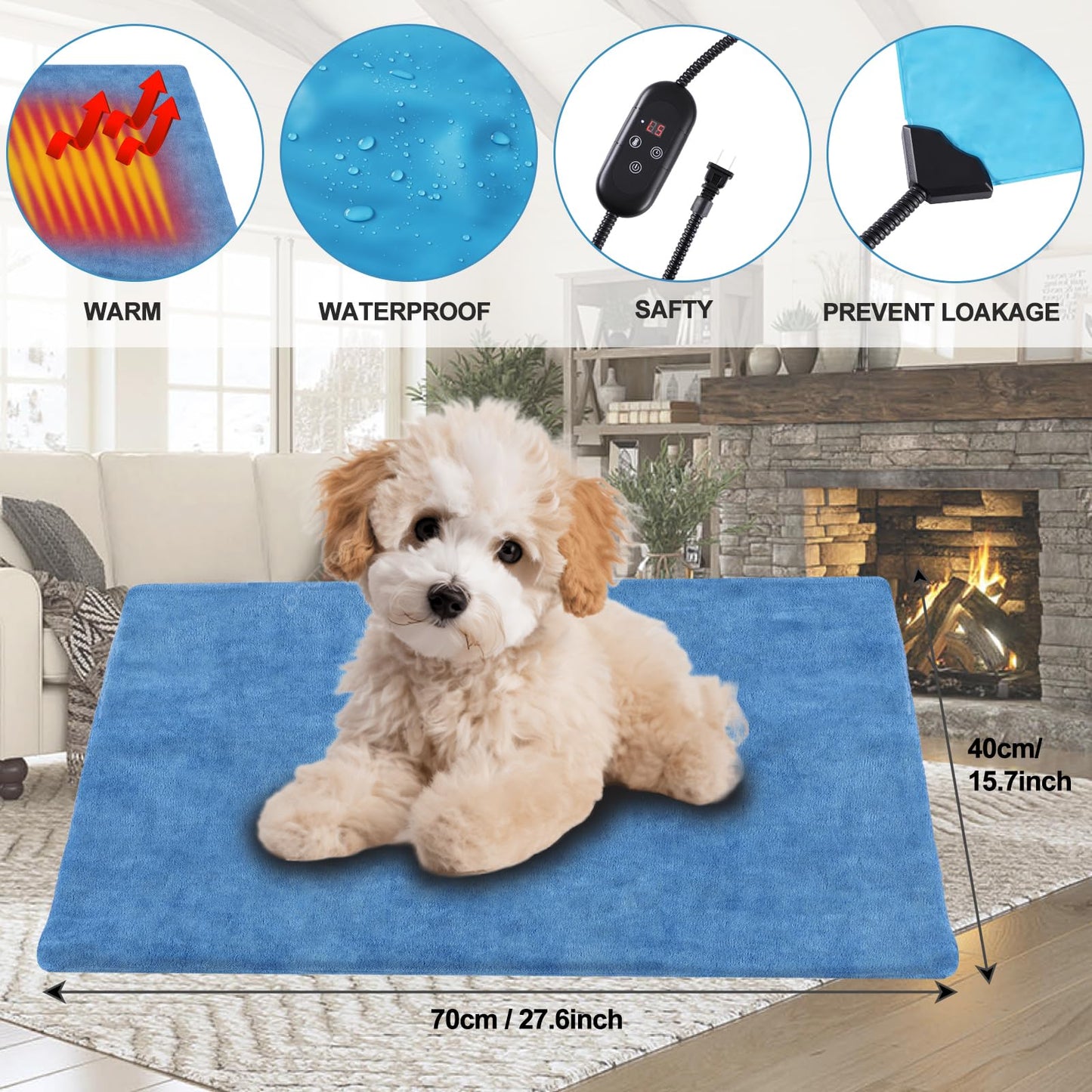 KEKELAN Pet Heating Pad for Dogs, Indoor Outdoor Waterproof Electric Heated Pad Mat for Cats with Chew Resistant Cord,5 Timer and 6 Level Temperature Pet Bed Warmer-15.7x27.5