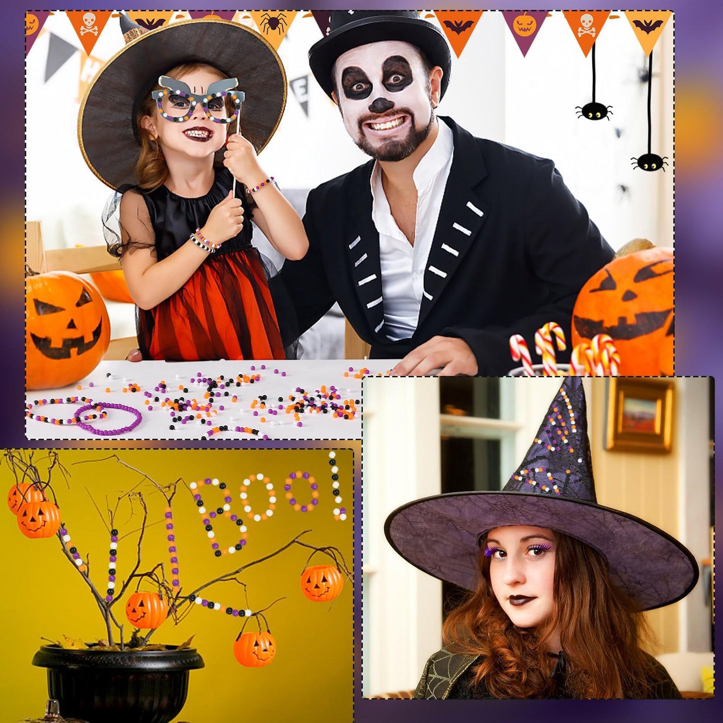 Halloween Beads, 1200Pcs Halloween Spacer Beads 4mm Round Small Craft Beads for DIY Bracelets, Orange & Purple & Black & White