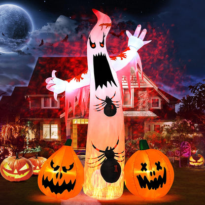 Kesfitt 8FT Halloween Inflatables Decorations Outdoor Ghost Built-in 2 Flame Flashing Projection Light,Blow Up Yard Inflatables with Pumpkin Spider for Outside Halloween Patio Party Garden Decorations