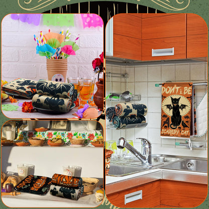 Ganeen 6 Pcs Halloween Kitchen Hand Towels Trick or Treat Towels Spooky Cat Bat Dish Holiday Tea Set Bathroom Decorative 14.2 x 21.3 Inch for Hand Bathroom Guest Holiday, Novel