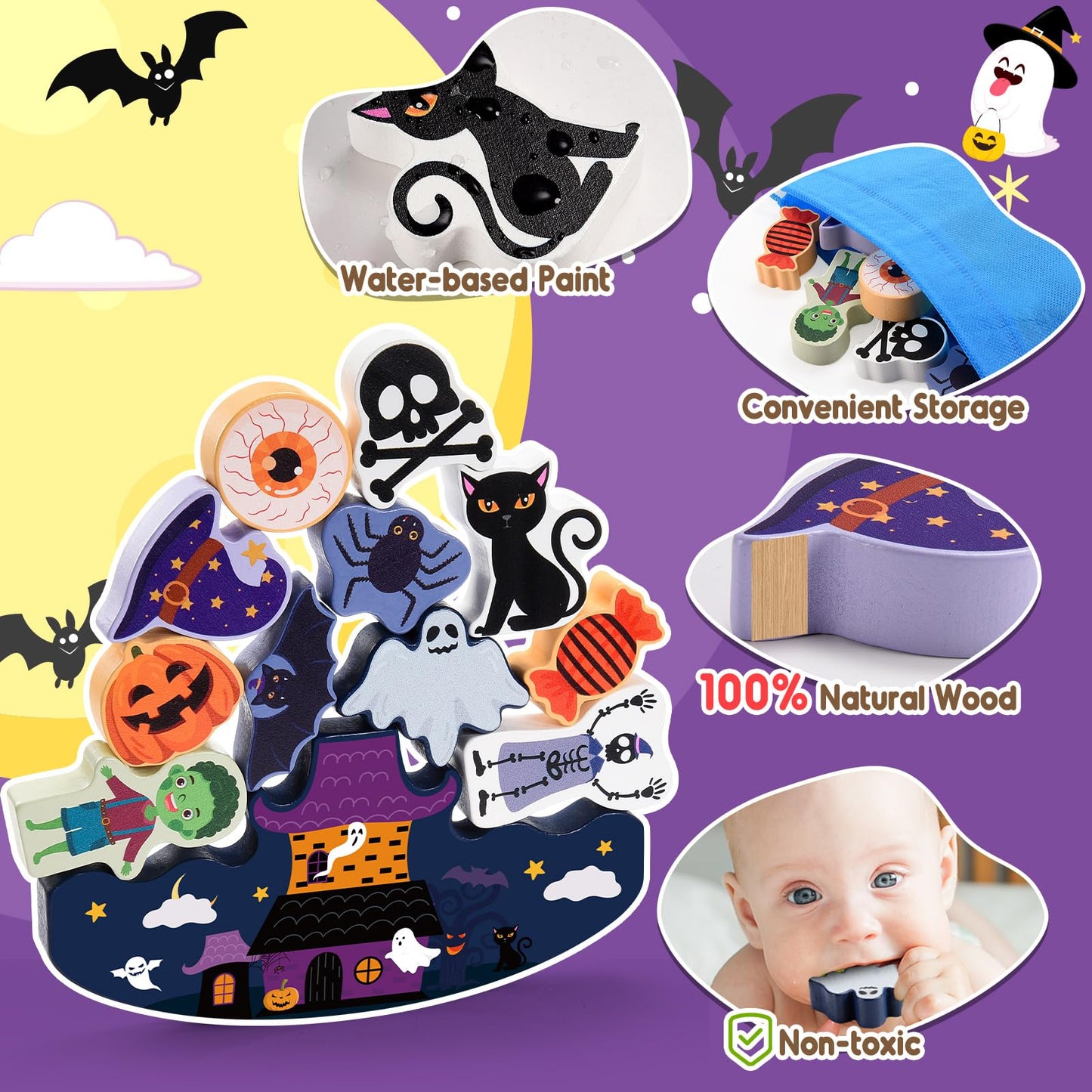 IPOURUP Halloween Toys for Kids 3-10 Kids Wooden Stacking Blocks Toy Birthday Gifts for 4 5 6 7 8 9 Year Old Boys Girls Toy Kid Balance Competition Games for Ages 5-7 Party Favors Boo Basket Stuffers