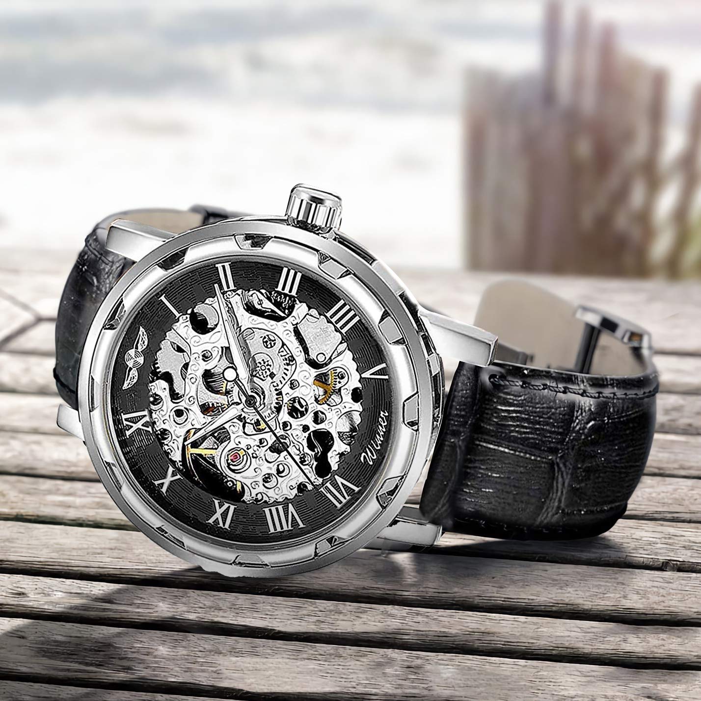 GLEIM Men's Watch, Mechanical Skeleton Steampunk Design Automatic Self-Winding Roman Numeral Silver Case PU Leather Wrist Watch