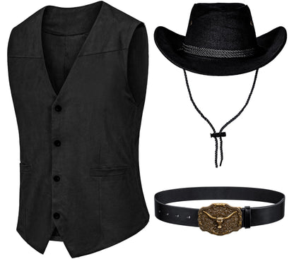 KAIPUTE Western Cowboy Costume Men's Vest Hat Belt for Adult Halloween Party Cosplay Black