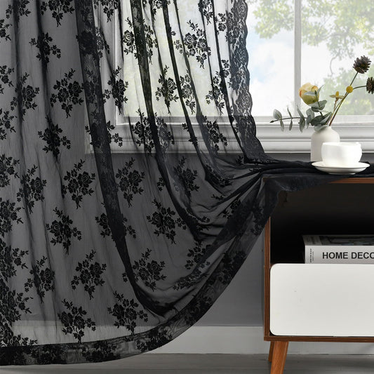 Kotile Black Lace Curtains 63 Inch Length 2 Panels, Country Rustic Floral Gothic Sheer Curtains for Halloween, Rod Pocket Vintage Privacy Sheer Lace Curtains, 42 x 63 Inch Each, 1 Pair, Black