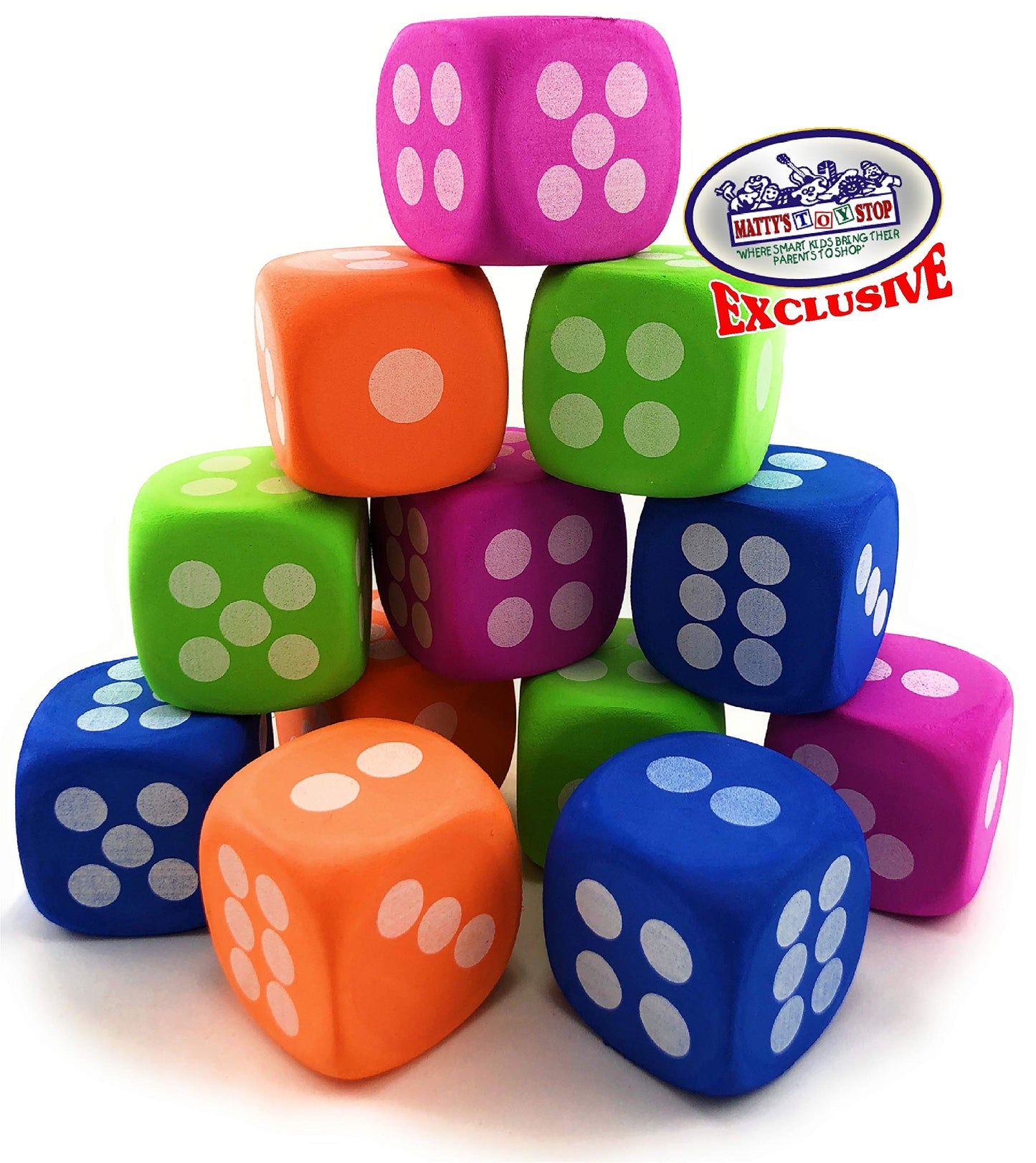 Deluxe Large 2.25" EVA Foam Dice (Pack of 12) with Bonus Matty's Toy Stop Storage Bag