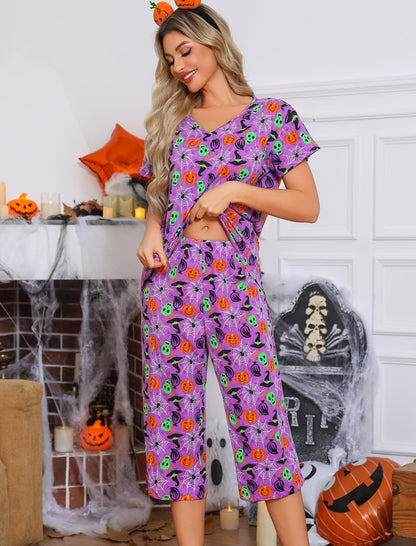 ENJOYNIGHT Womens Pajama Sets Cotton Summer Pjs Tops with Capri Pants Sleepwear (PU-Spider, XX-Large)