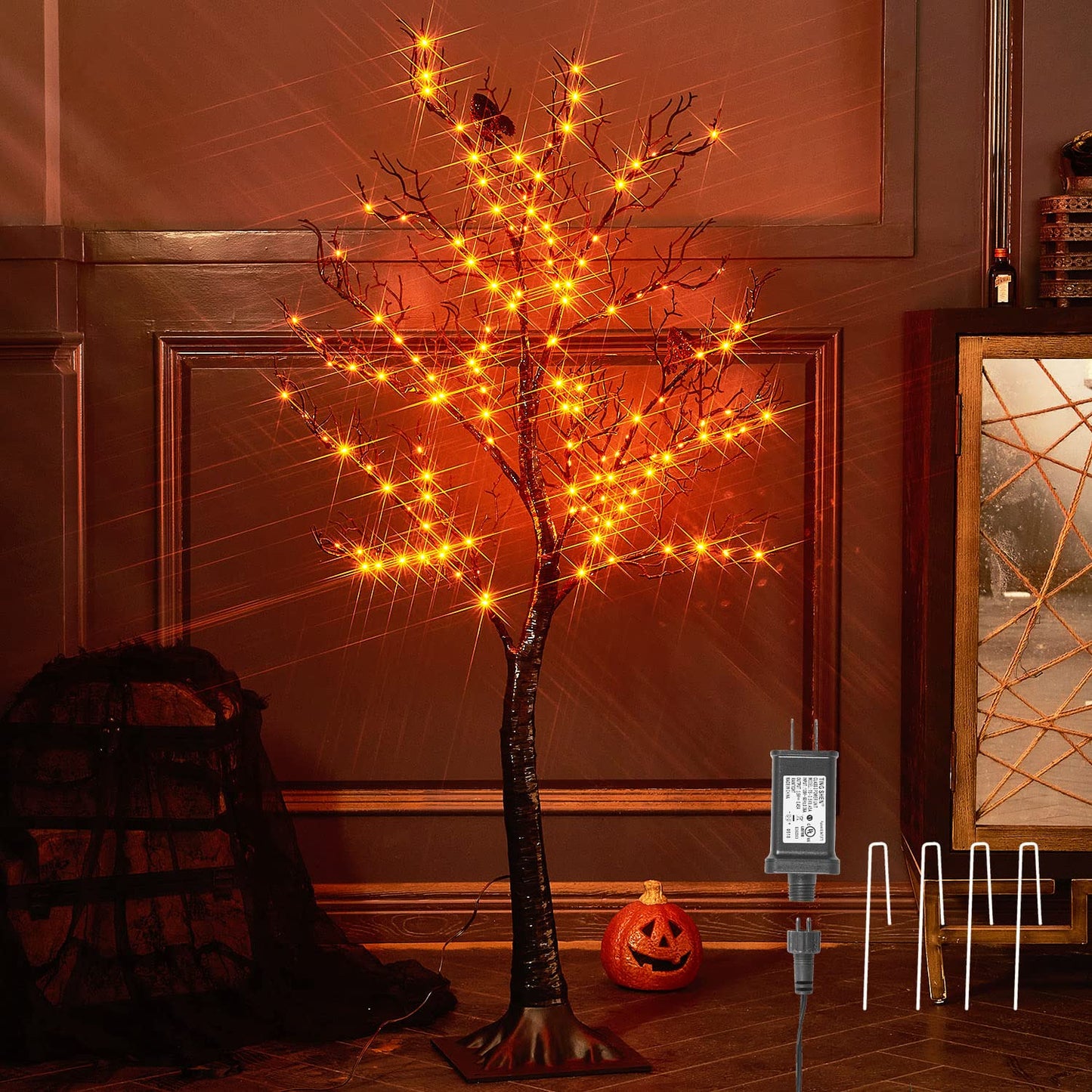 Hairui Lighted Halloween Tree with 150 Orange Fairy Lights 4FT, Spooky Black Tree Lights Plug in for Indoor Outdoor Home Halloween Party Decoration